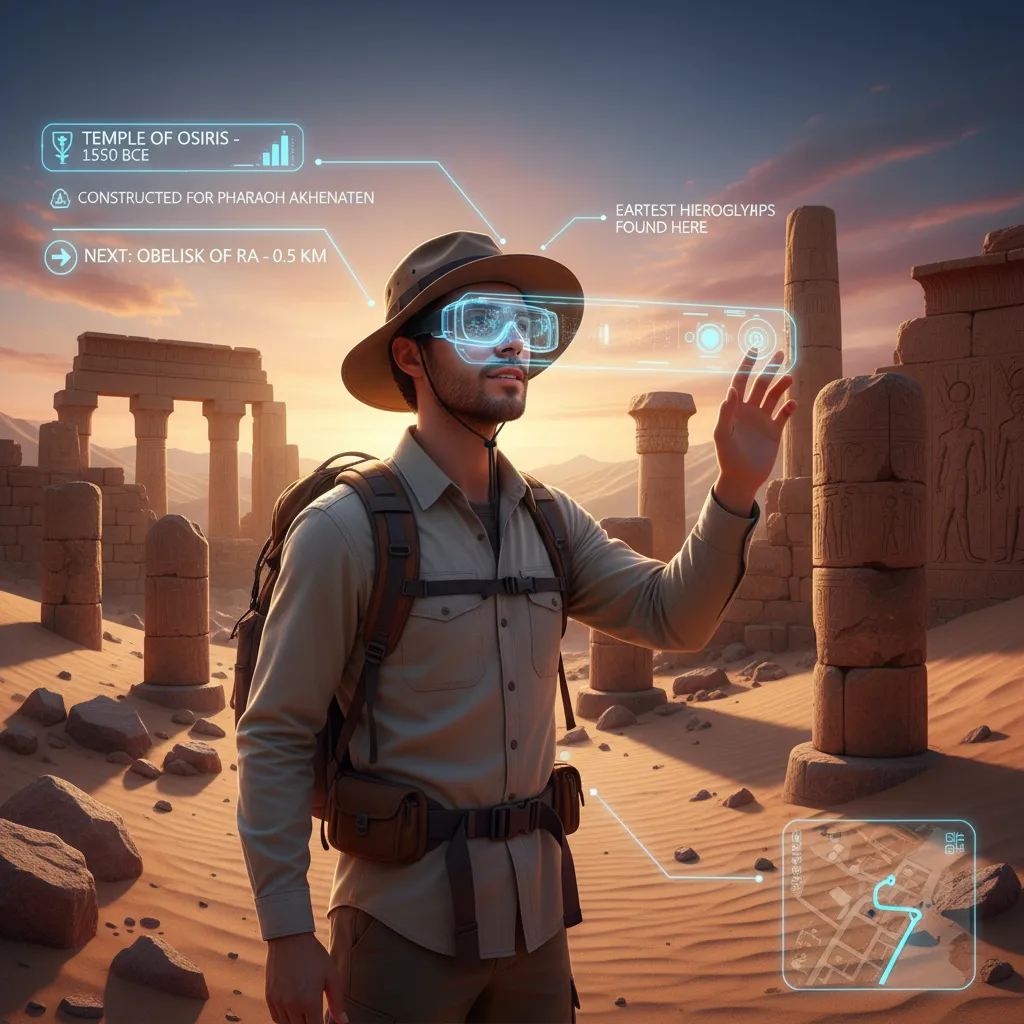 Solo traveler with AR smart glasses exploring ancient desert ruins.