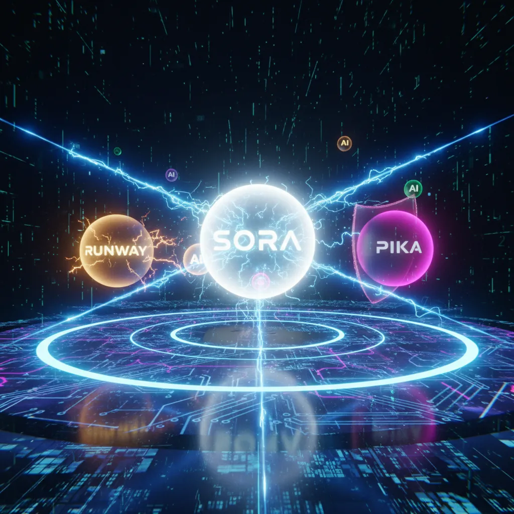 An abstract representation of Sora AI competing with other text-to-video generation tools.