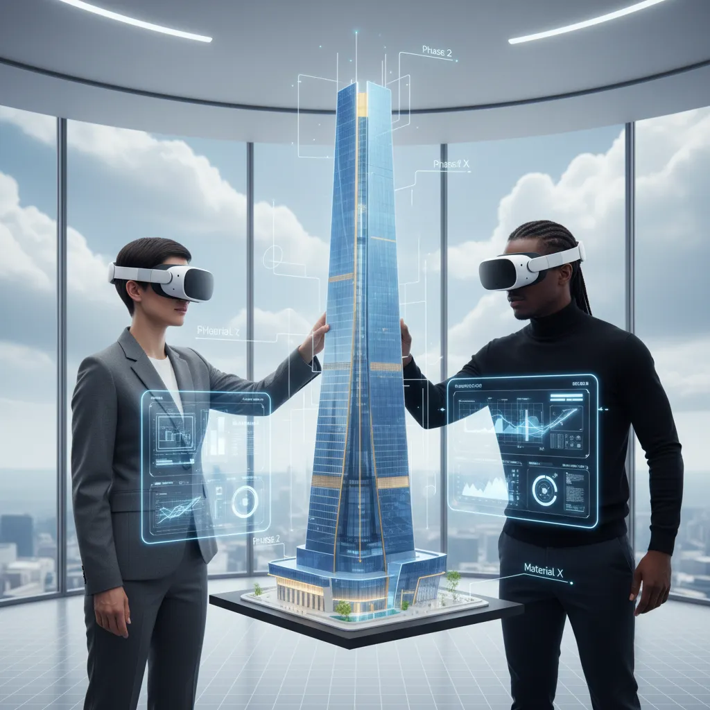 A designer using the Apple Vision Pro to manipulate a 3D architectural model in a collaborative virtual meeting.