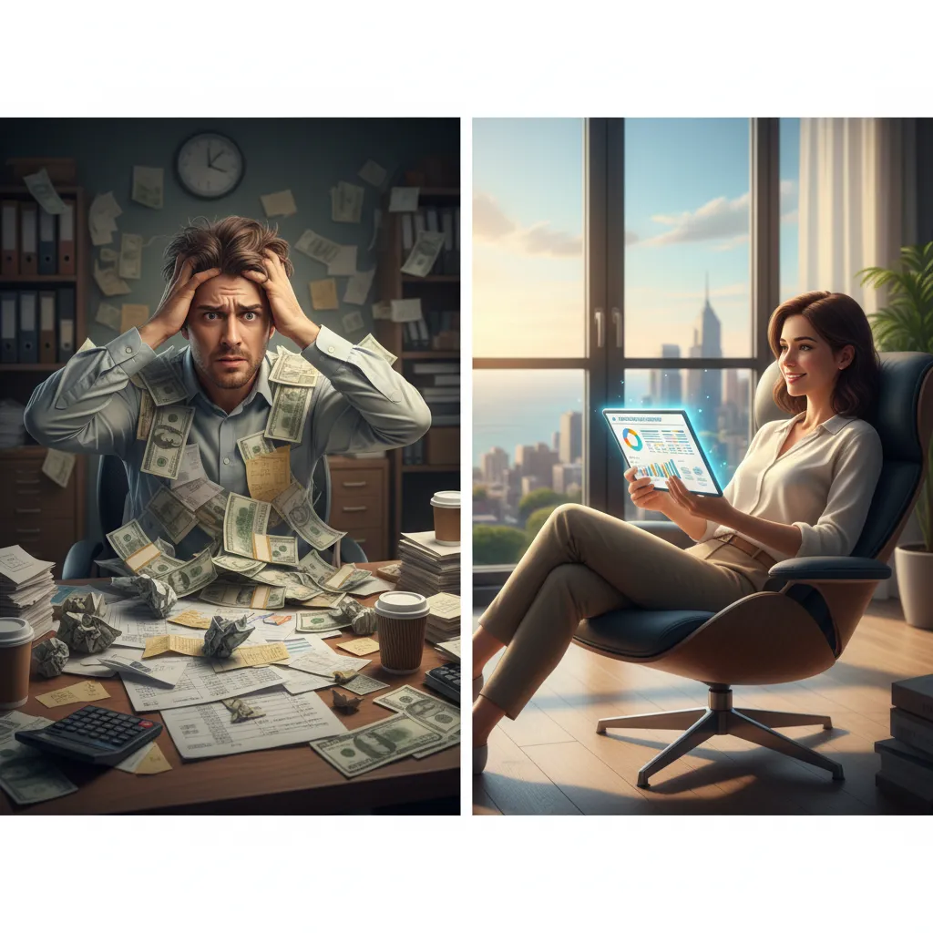 Person stressed with bills vs. relaxed with AI financial report