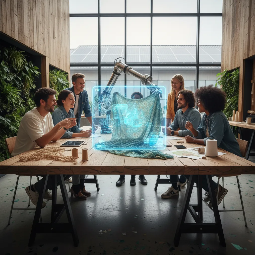 Fashion designers and an AI assistant in a sustainable design lab, showcasing eco-friendly fabric.