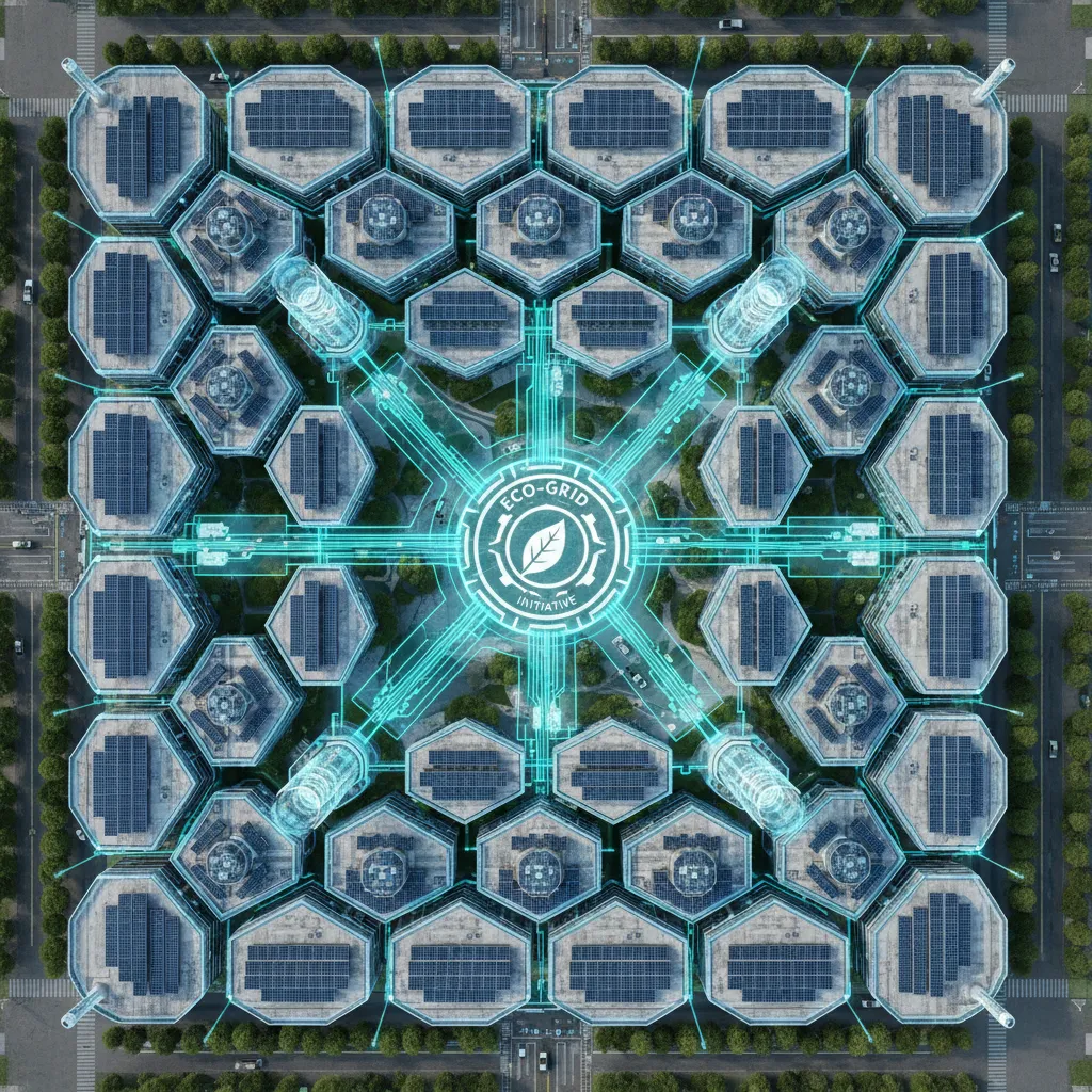 Aerial view of a smart city with solar panels and glowing energy grid