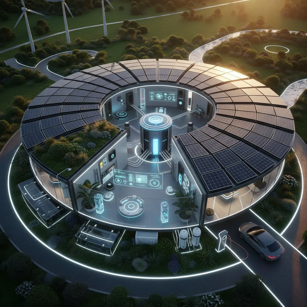 Aerial view of sustainable smart home with solar panels