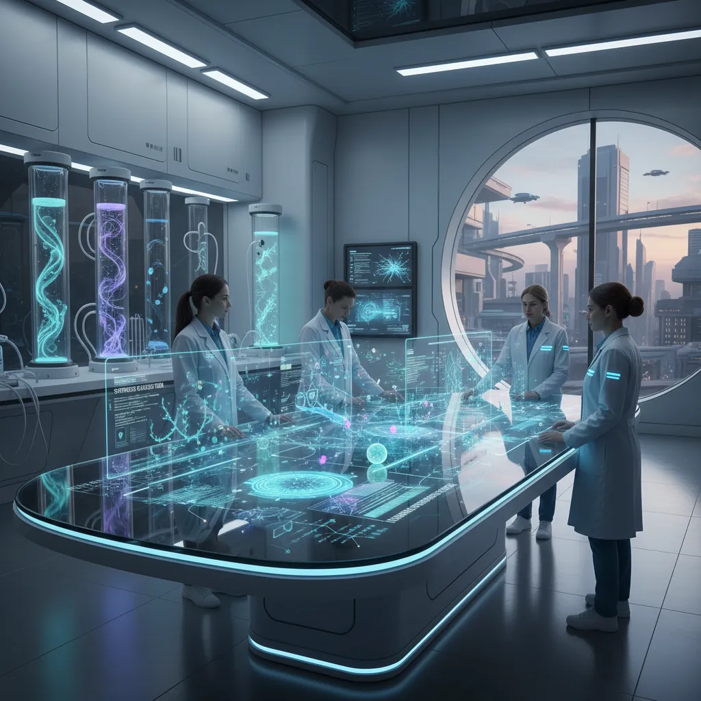 Scientists observing simulations of biological and computational integration in a futuristic lab.