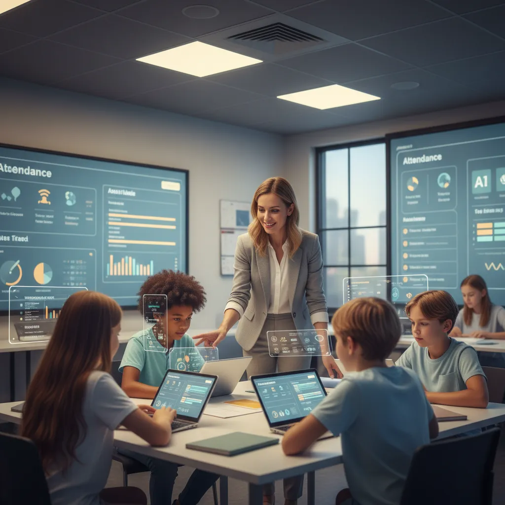 Teacher guiding students in an AI-enhanced classroom with smart tools
