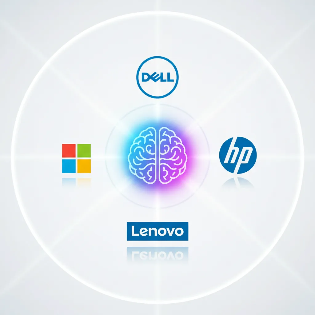 A collection of logos of top AI PC manufacturers like Dell, HP, Lenovo, and Microsoft, arranged around a central glowing brain icon representing AI.