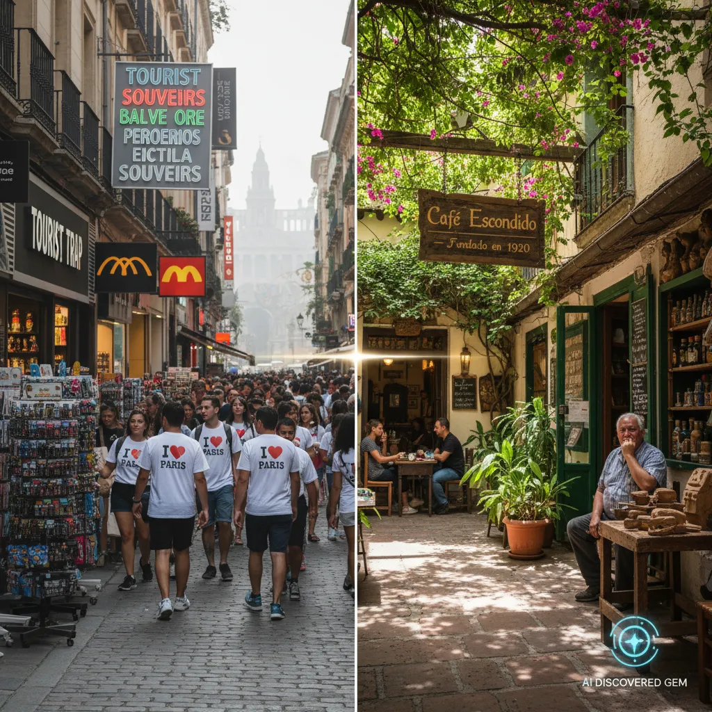 Comparison of crowded tourist traps versus serene AI-discovered local travel gems.