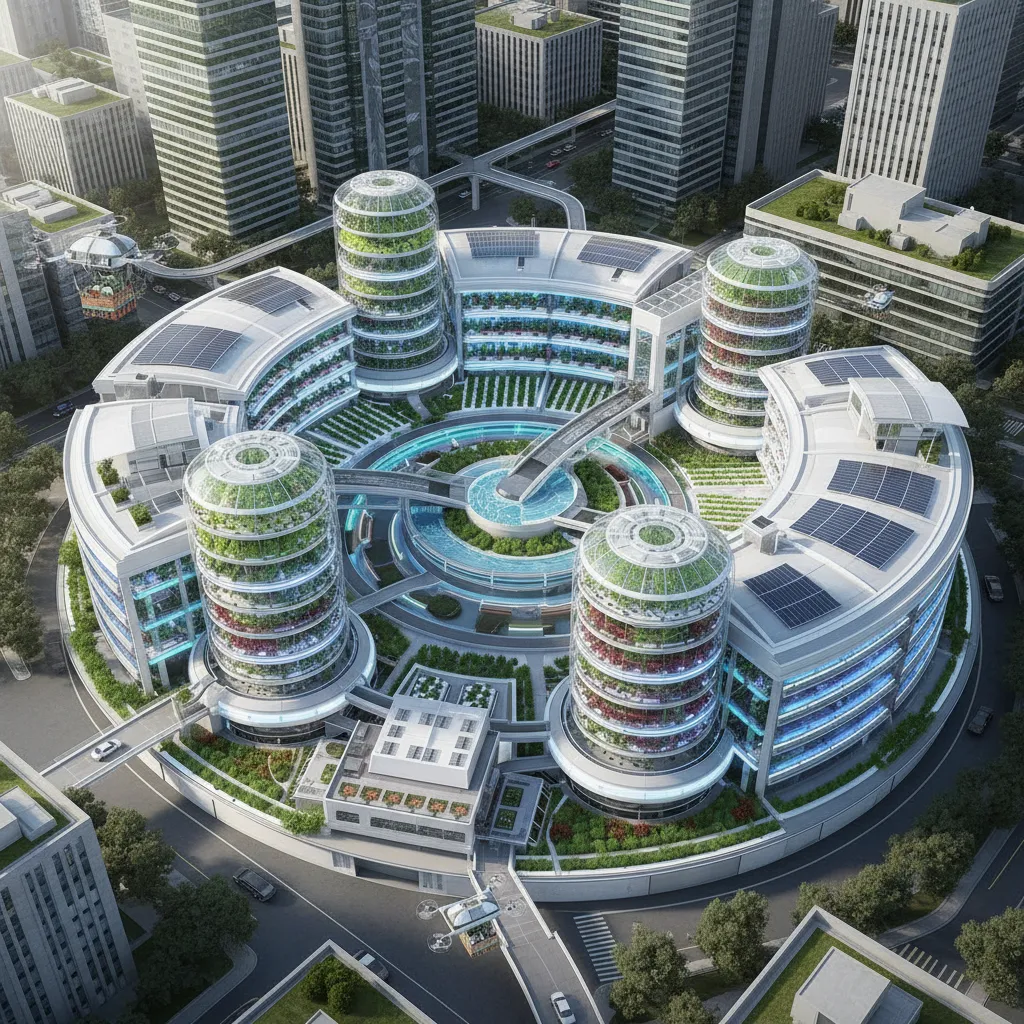 Aerial view of a futuristic urban farm with vertical farming