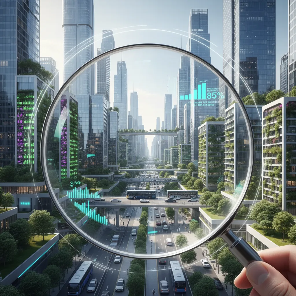 A magnifying glass hovering over a green city, focusing on the details of sustainable infrastructure and impact