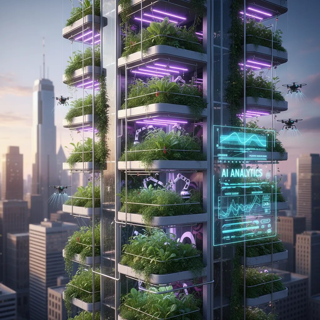 AI-managed vertical farm in a city