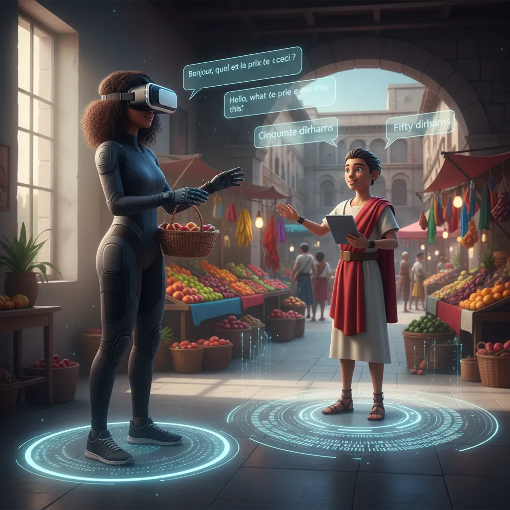 Student in VR practicing language with AI avatar