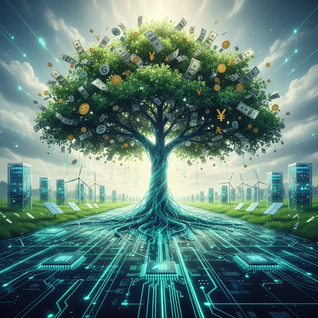 Money tree growing with digital roots symbolizing AI green investments