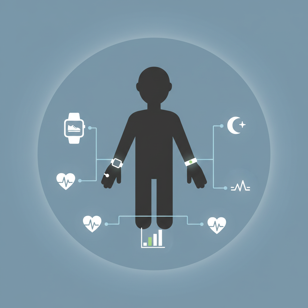 Illustration of wearable devices tracking daily health metrics like steps and sleep.