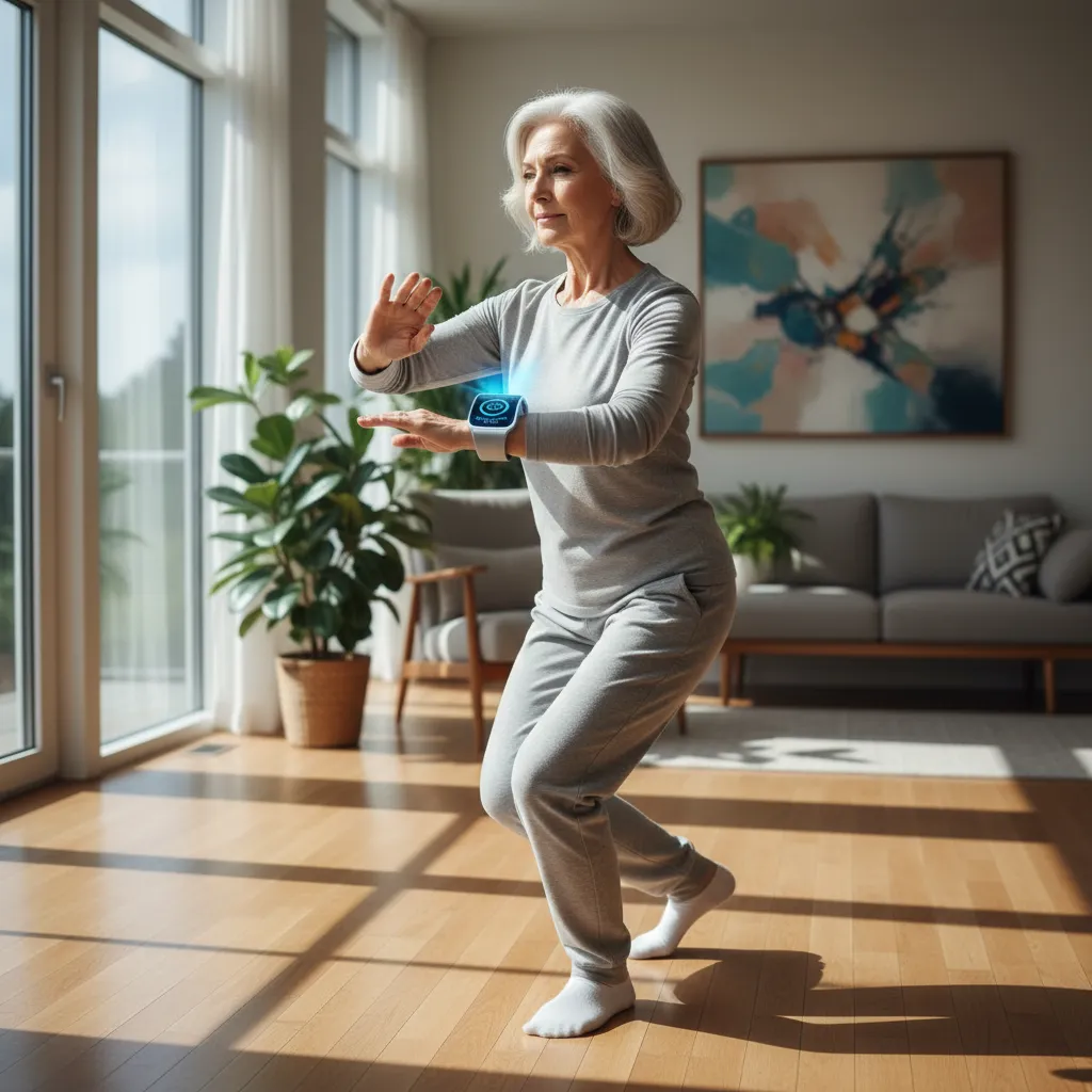 Elderly person exercising with AI wearable health monitoring