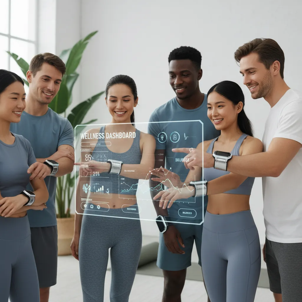 A diverse group of people engaged in daily activities—working, jogging, sleeping—all wearing sleek, modern health monitoring devices on their wrists.