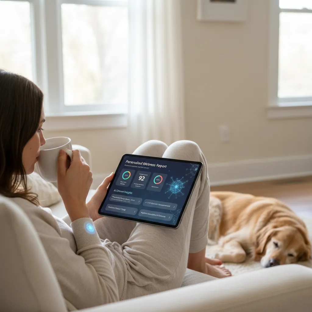 Person monitoring health data with wearable patch and tablet