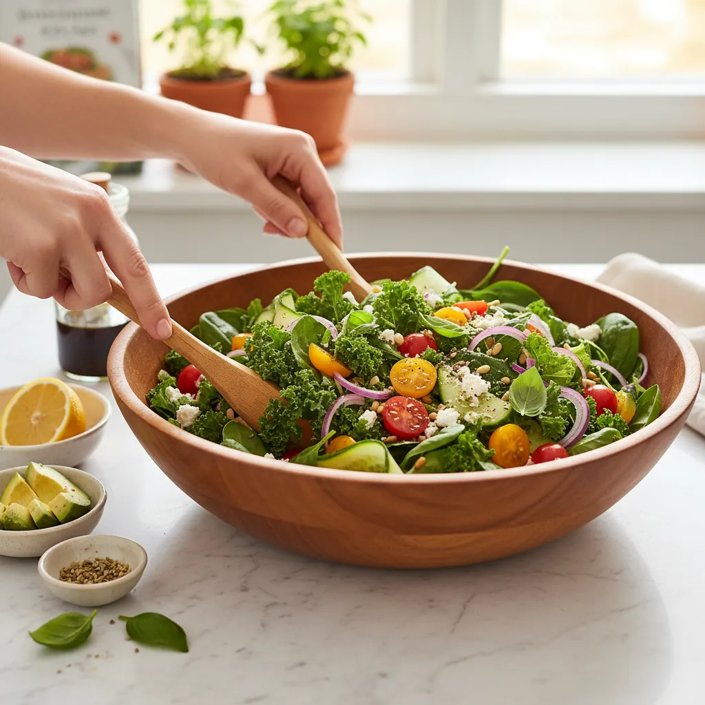 Healthy salad preparation with fresh ingredients