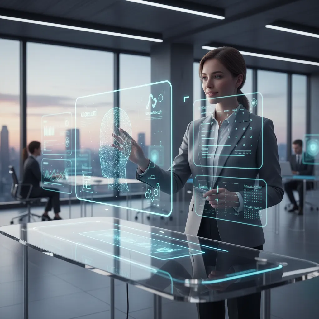 Professional managing tasks with AI assistant in a modern office