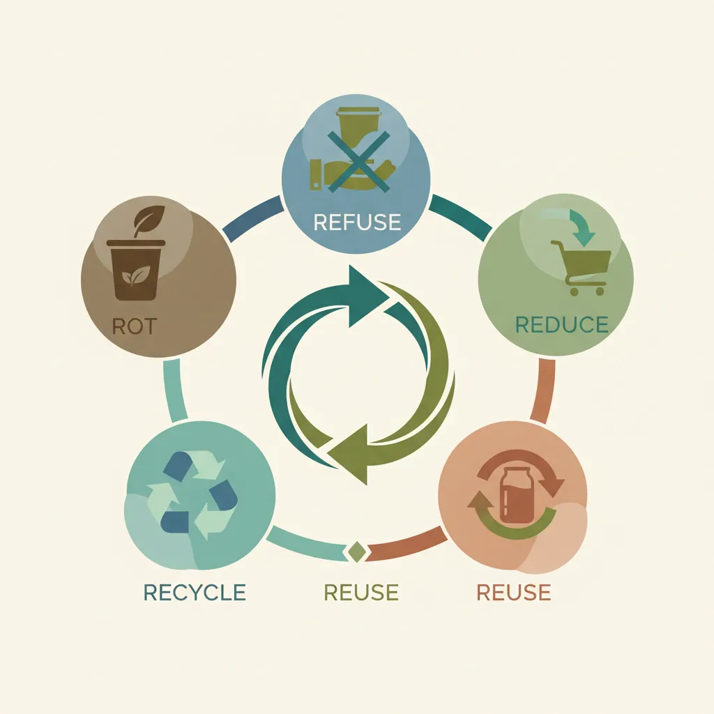 Infographic illustrating the 5 Rs of zero waste: Refuse, Reduce, Reuse, Recycle, Rot.