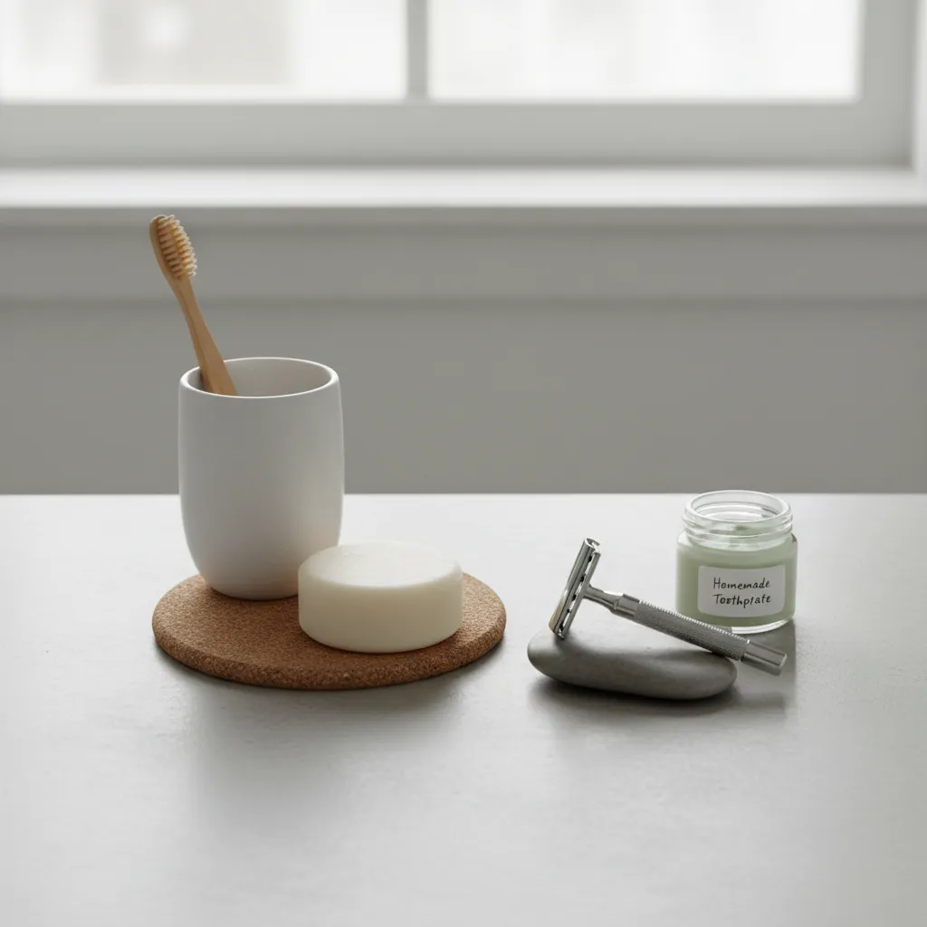 Eco-friendly zero waste products on a minimalist bathroom countertop.