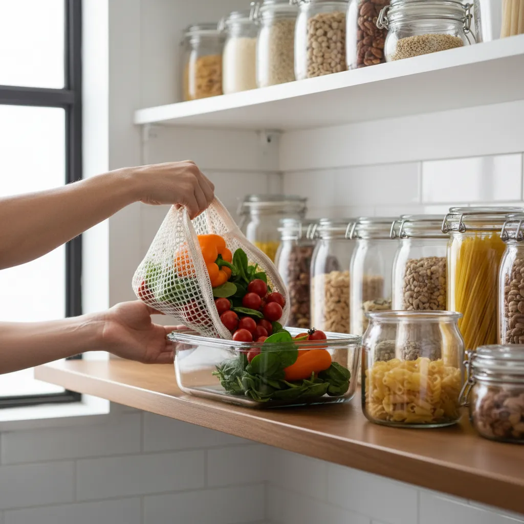 Hands transferring produce from a reusable bag to glass containers in a zero-waste kitchen.